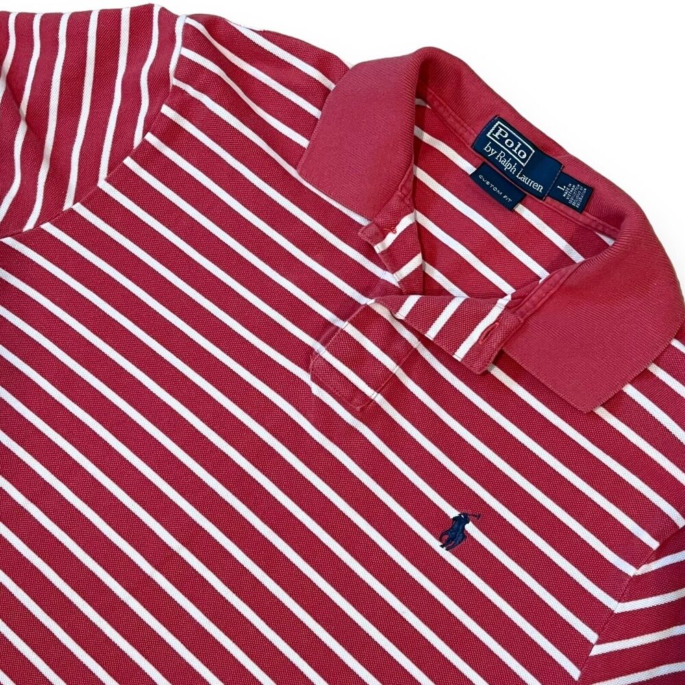Polo Ralph Lauren Custom Fit Polo Shirt Large Pink White Striped Vtg Preppy Slim